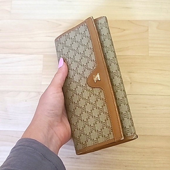 CELINE Long Wallet Macadam Pattern Leather Tan Brown Authentic - Picture 12 of 14